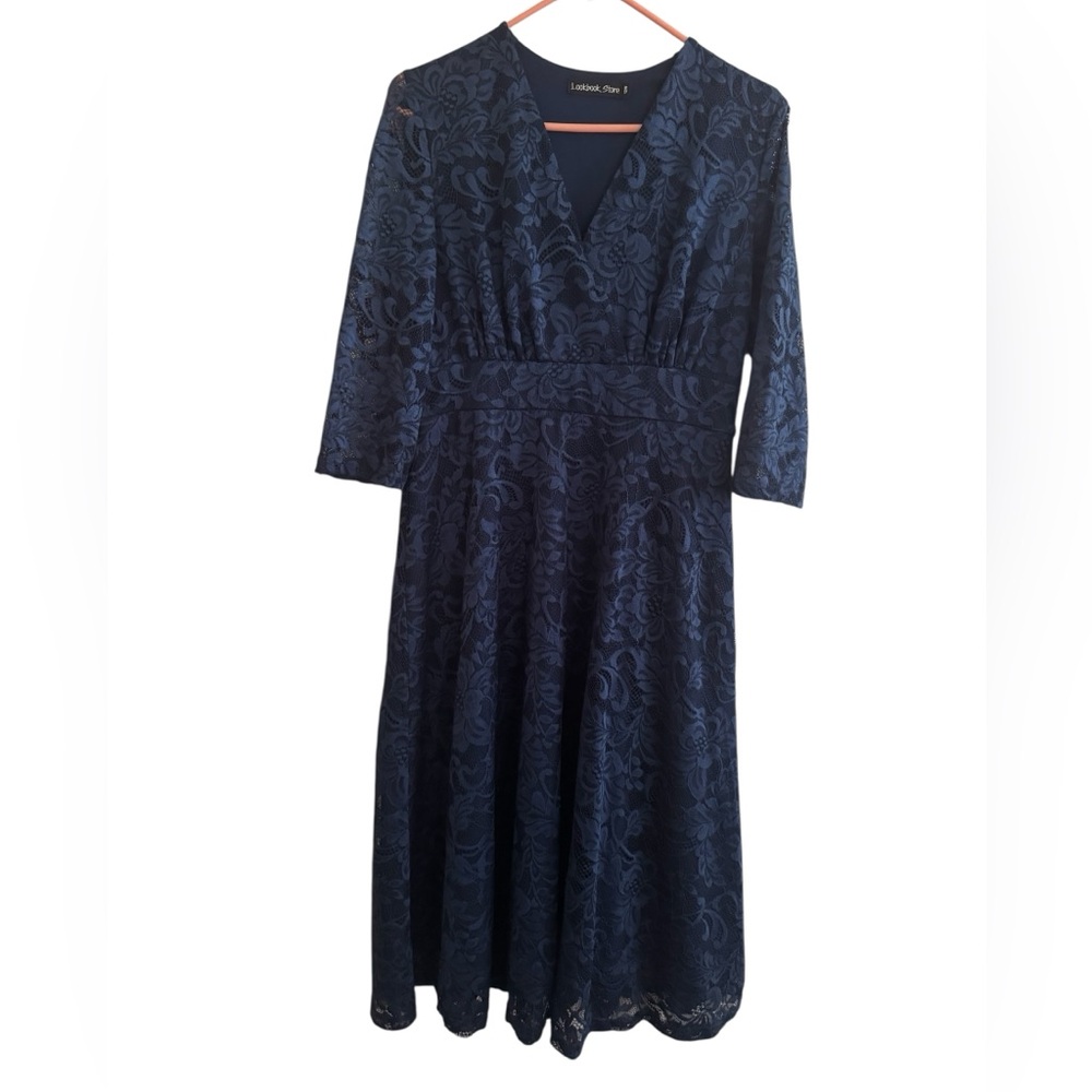 Lookbook Store Navy Long Sleeve Floral Dress 12W